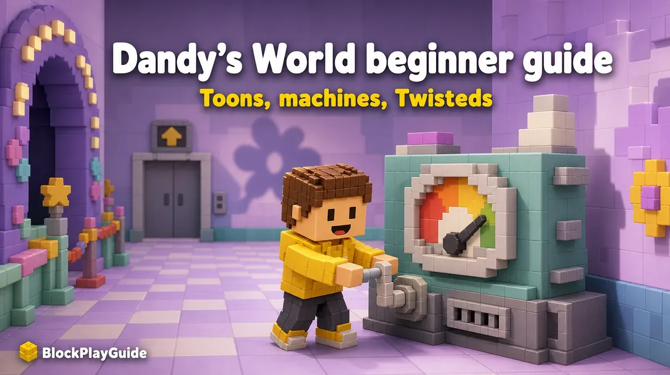 Voxel character turning a crank on a blocky machine in a pastel hallway while a cartoon flower shadow looms on the far wall