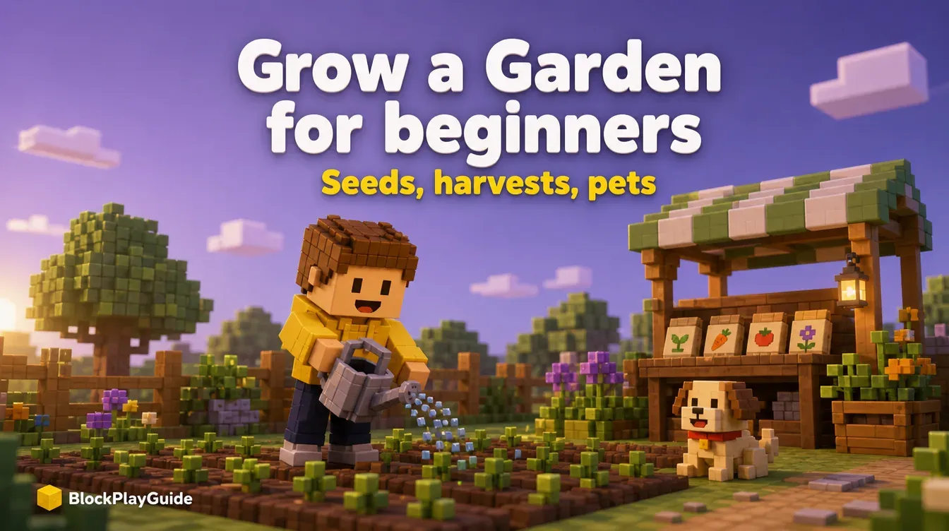 Voxel character watering rows of sprouting blocky plants beside a small wooden seed stall