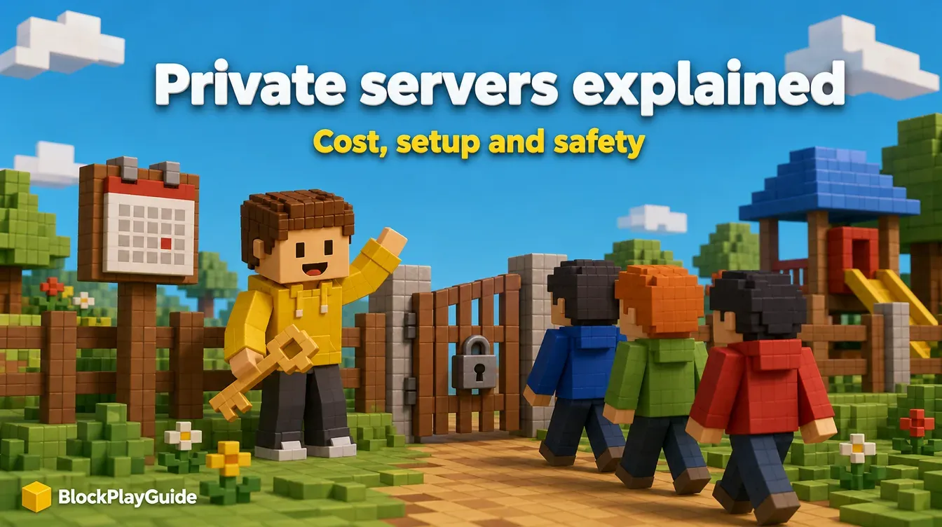 Voxel character holding a key in front of a small fenced game world with a gate and a sign