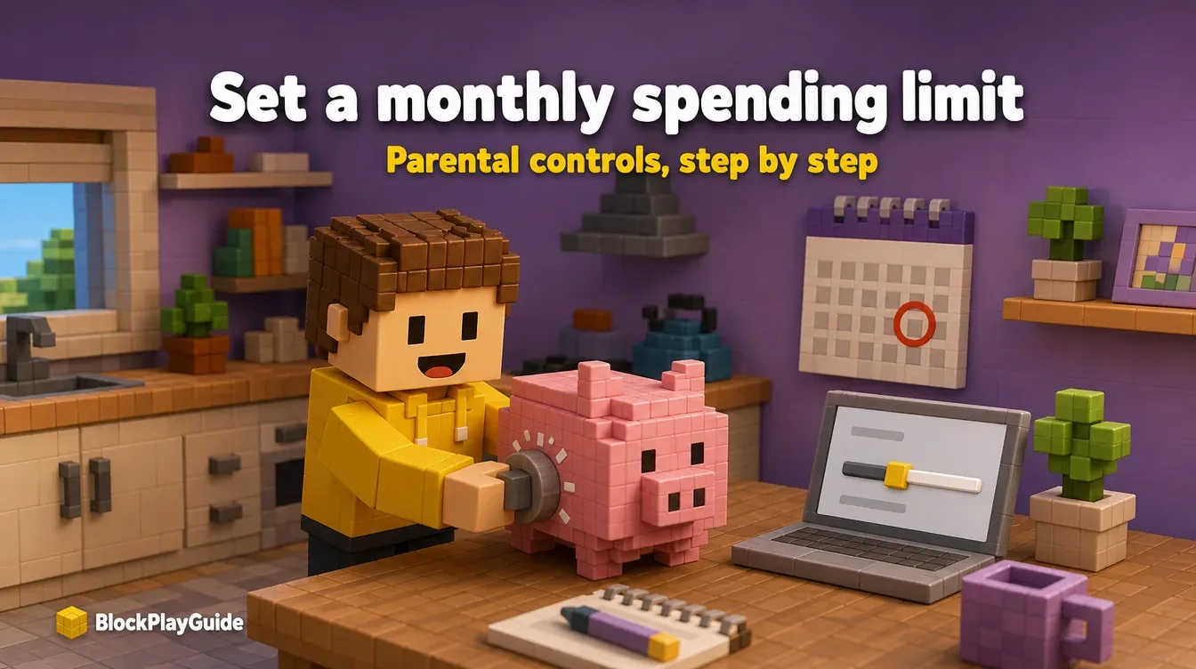 Voxel character at a kitchen table setting a dial on a blocky piggy bank next to a wall calendar